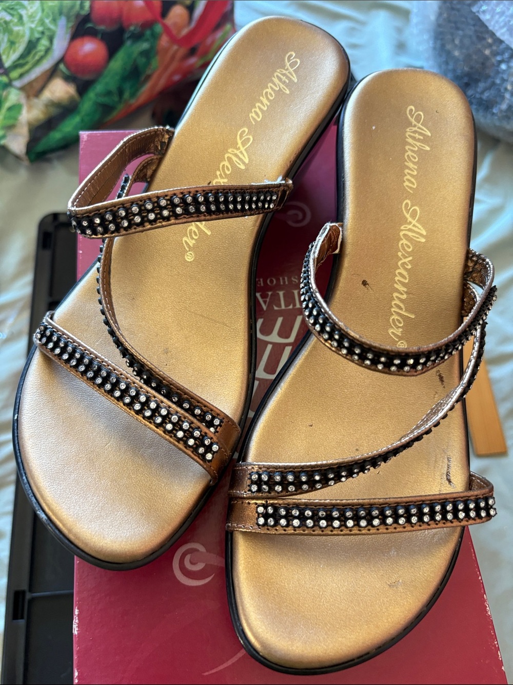 Athena Alexander Bronze Slip-On Rhinestone Triple-Strap Sandals